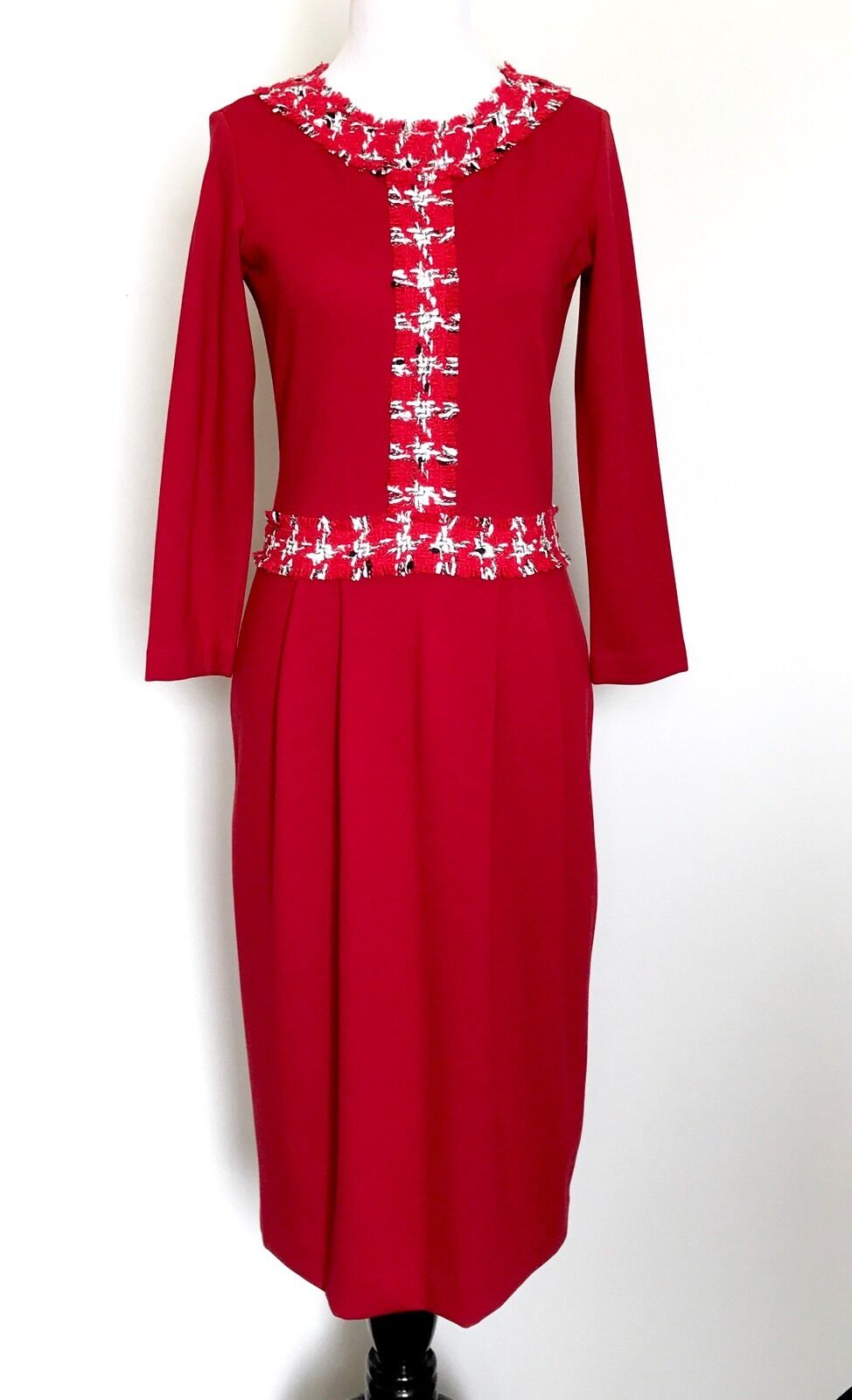Carolina Herrera Red Dress With Wool Trim Retails $385 NWT Price $178 Size XXS