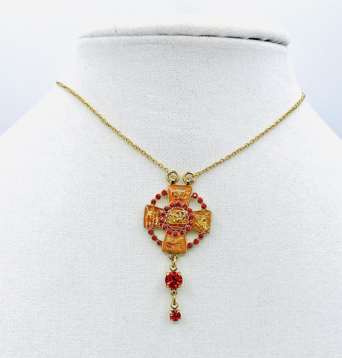 PILGRIM SWAROVSKI CRYSTAL GOLD PLATED Coral Red Cross Necklace. PRICE $16