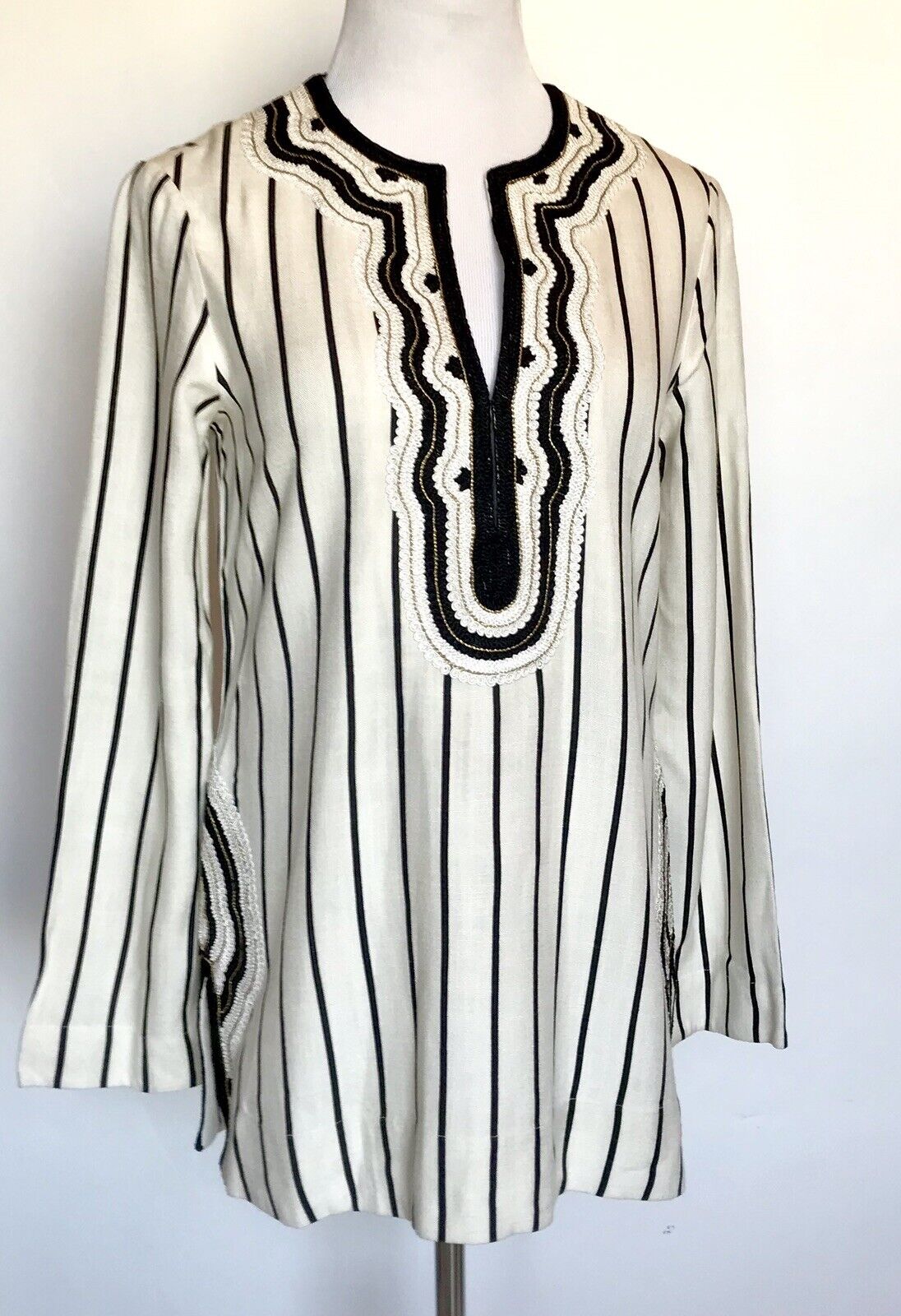 NWT Tory Burch Size 2 Rayon Slub Stripe Tunic Retail 348 Price $198 Embellished