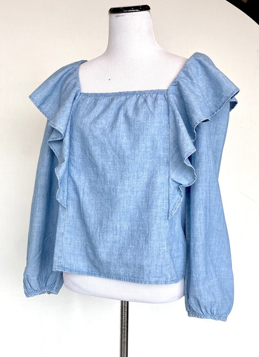 J Crew Chambray Ruffle Square Neck Retail $79.50 Price $45 Size XS