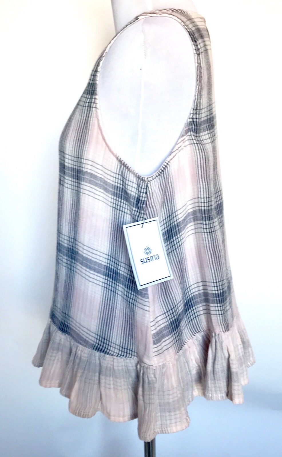 Susina Swing Top Frill Hem. Pink & Grey Plaid Check Size S. NWT Price $29