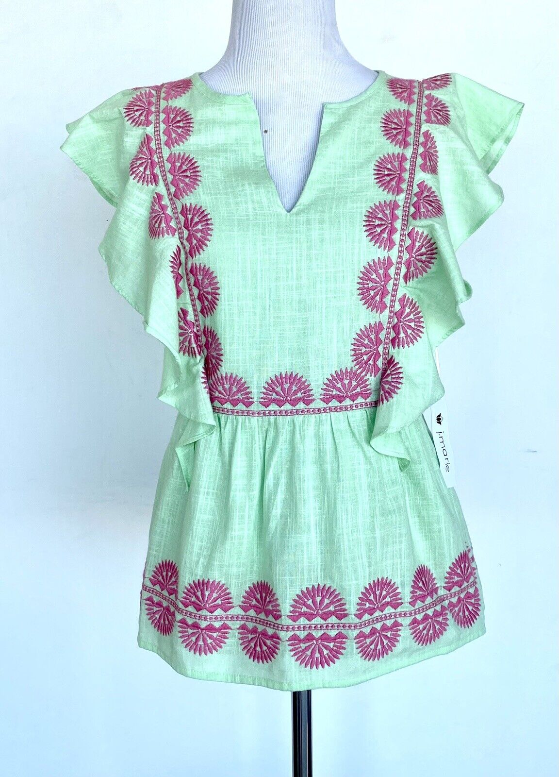 NWT J Marie embroidered Raya Top size XS Retail $106 Price $54 pale green pink
