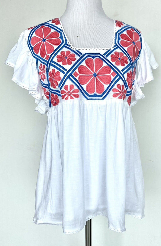 J Marie Embroidered Sterling flutter sleeve top size L Retail $106 Price $59