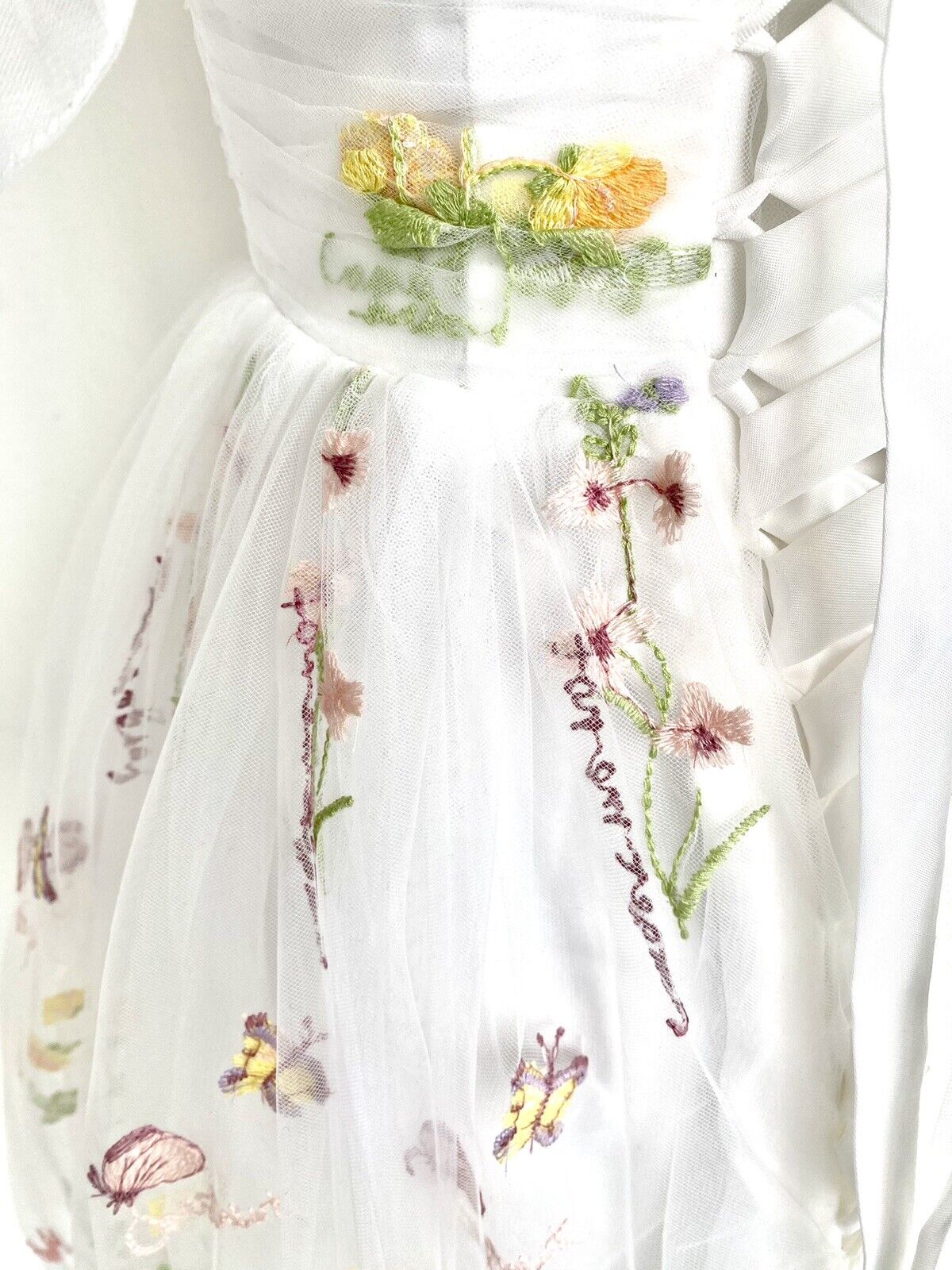 White Net embroidered Ruched Bodice With Lace Up Back size 4 price $130