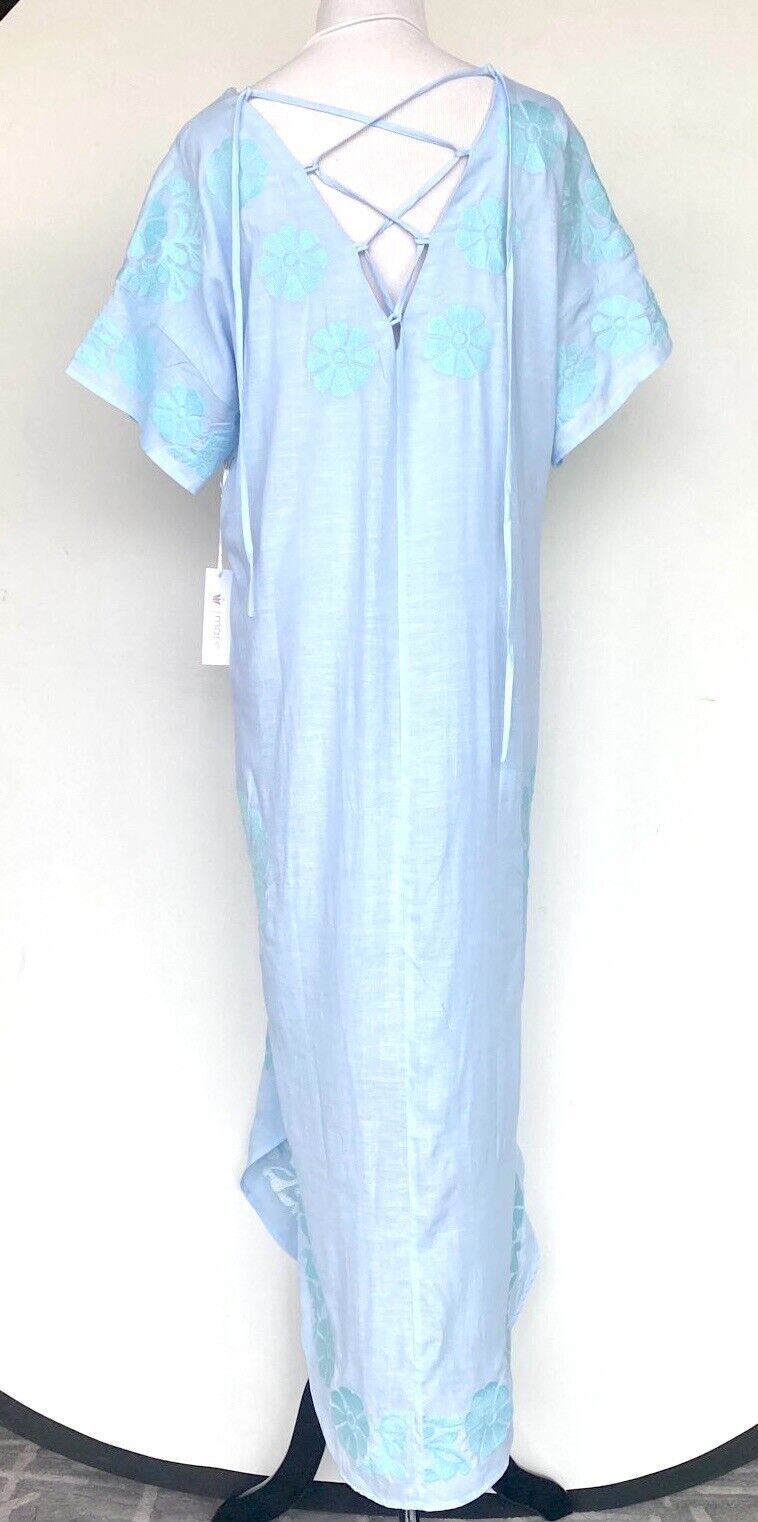 NWT J Marie embroidered Blue Linen mix Kaftan Dress M Retail $136 Price $68