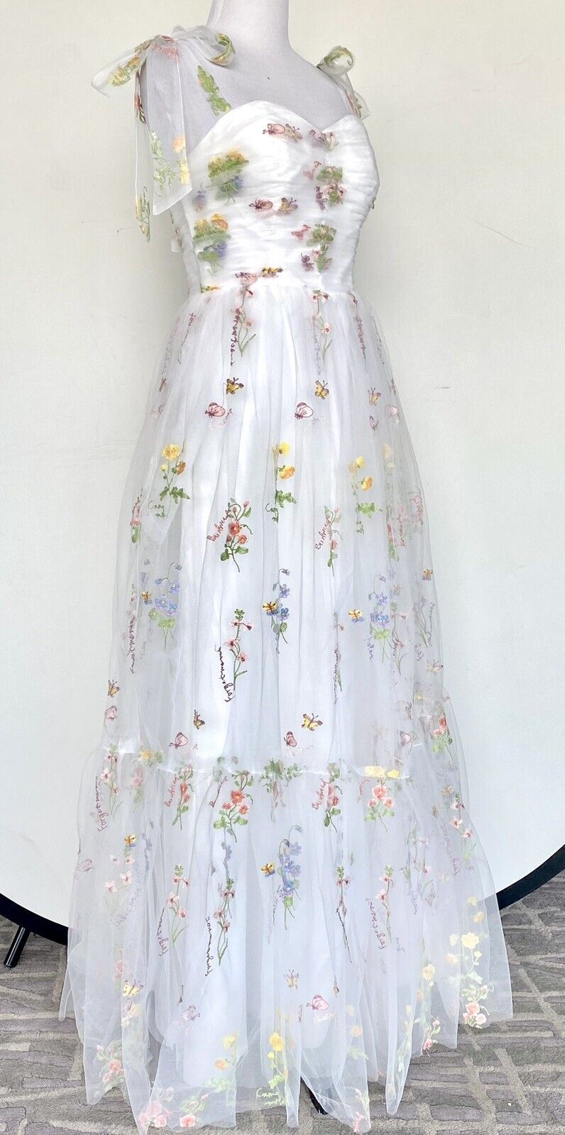 White Net embroidered Ruched Bodice With Lace Up Back size 4 price $130