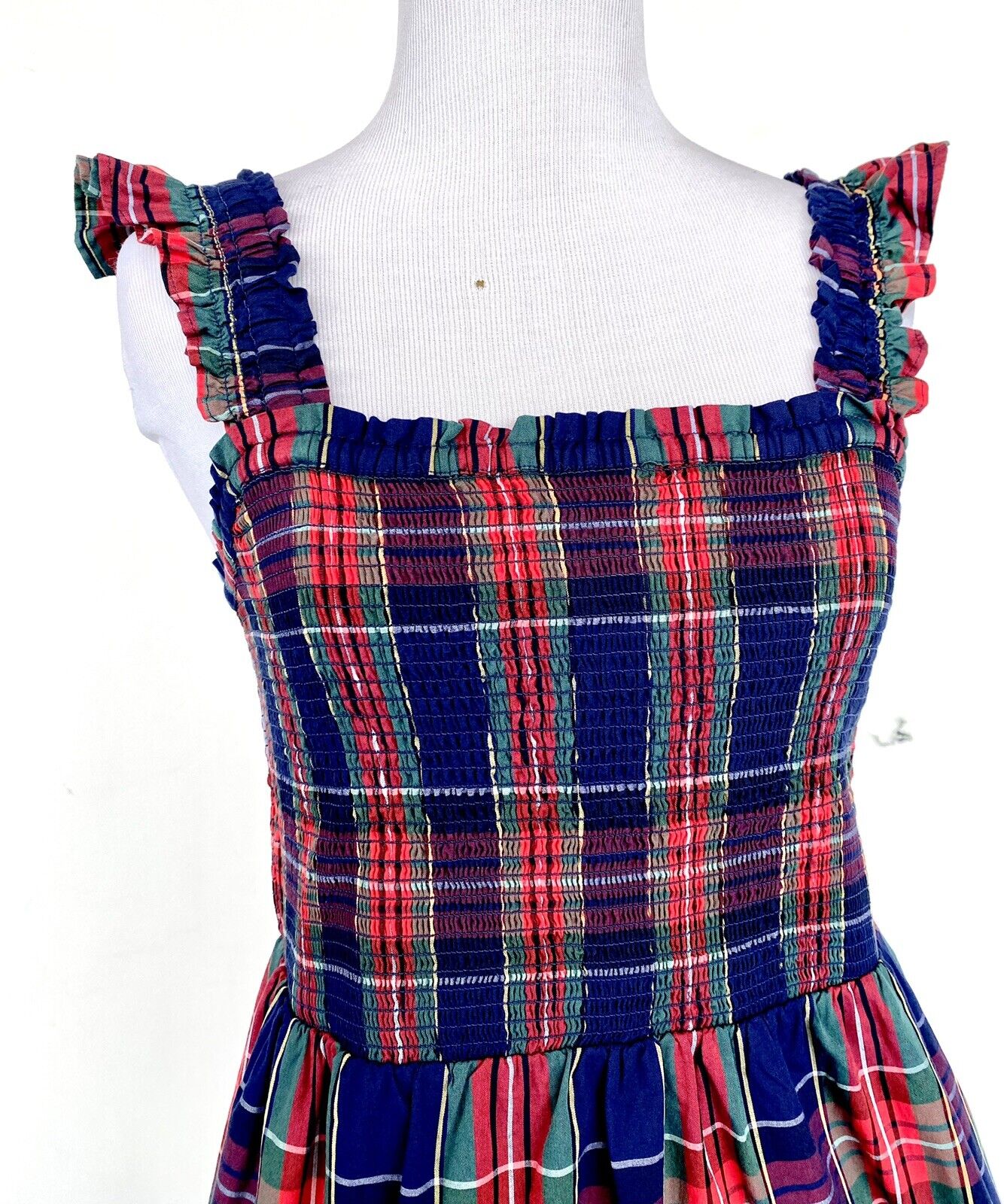 J.Crew Tartan Plaid Smocked Bodice Size PS Retail $128 Price $69 Cotton Poplin