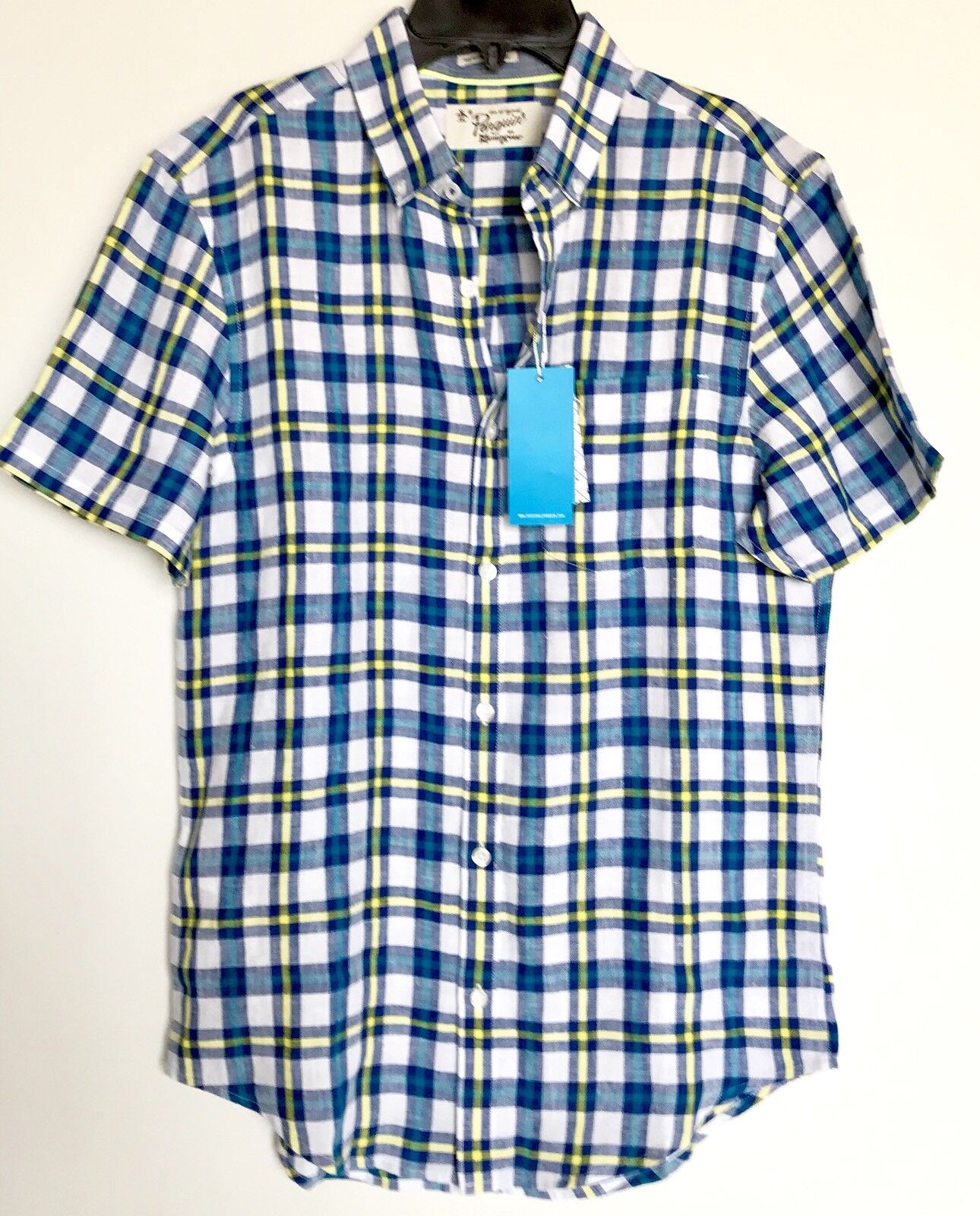 NWT Penguin Mens Sz Small Slim Fit SS Shirt Retail $79 Price $45 Plaid Linen