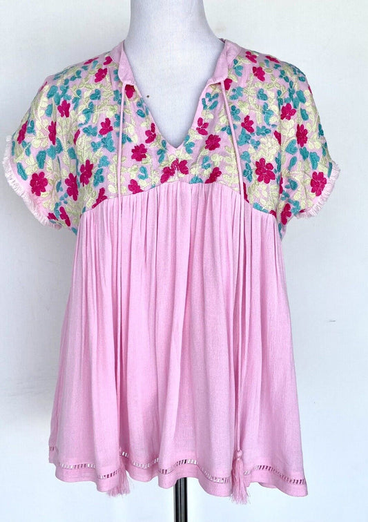 J Marie embroidered Poppy Tassel Top size XS Retail $92 Price $59 Pink NWT