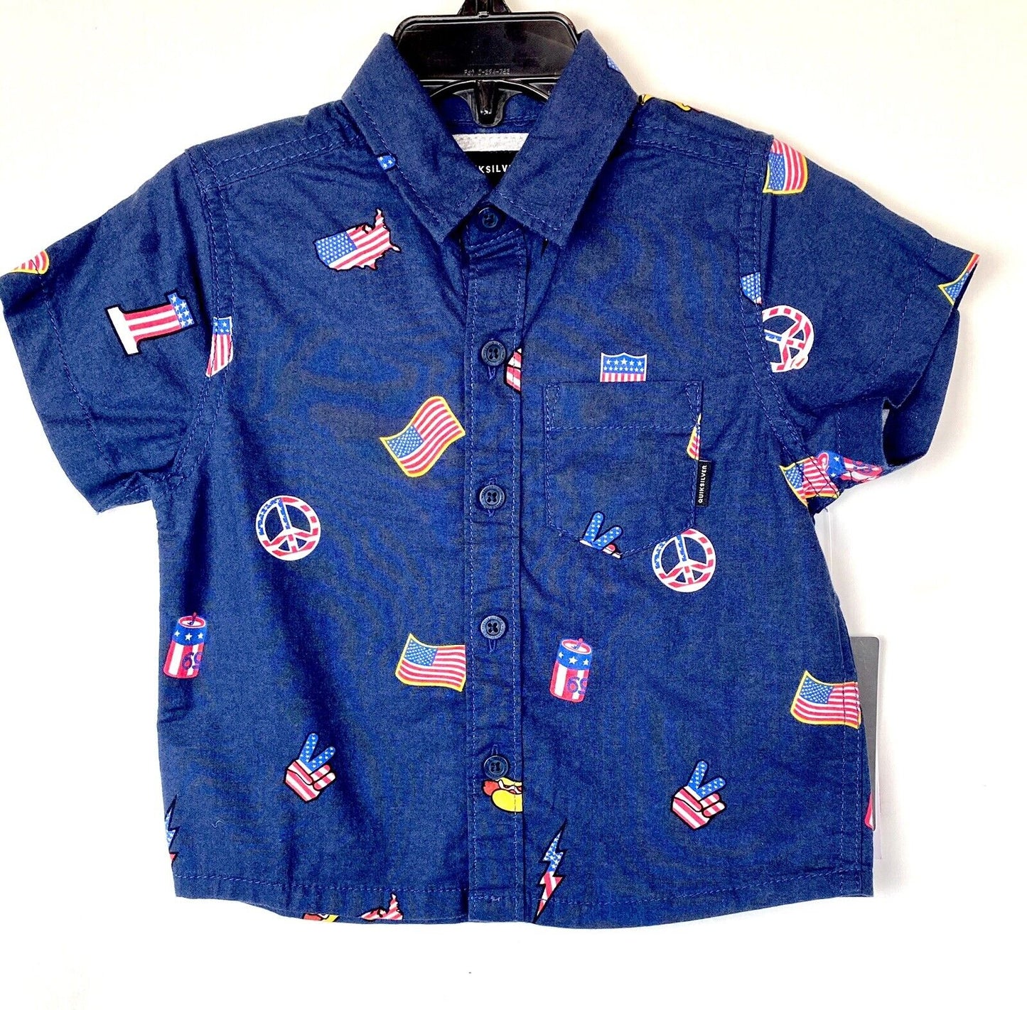Quicksilver Blue American Flag  SS Shirt NWT Retail $35 Price $17.49 Age 2