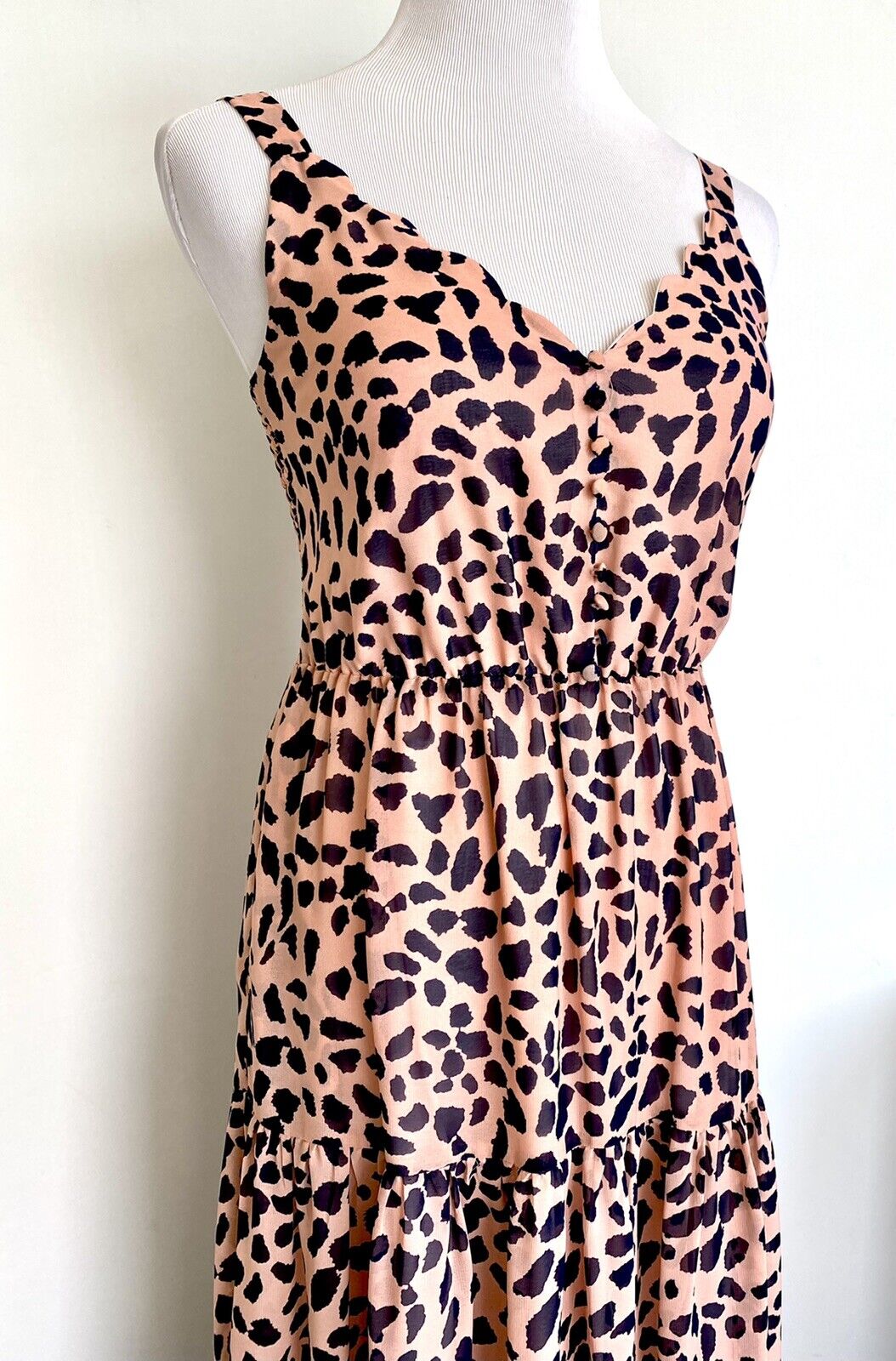 Melloday Salmon Pink & Black Tiered Smocked Back Maxi Dress XS Price $62 NWT