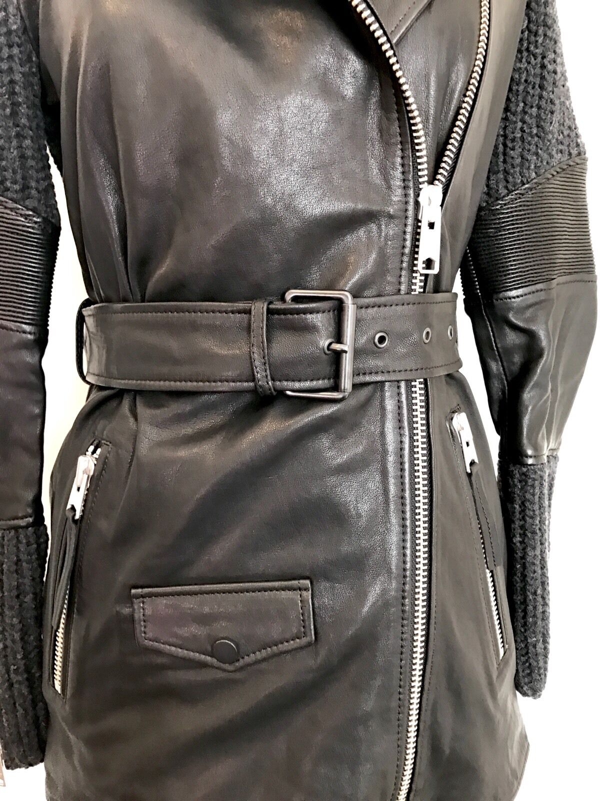 AllSaints Denell Black Leather & Knit Jacket.NWT Retail $725 Price $450 Size 00