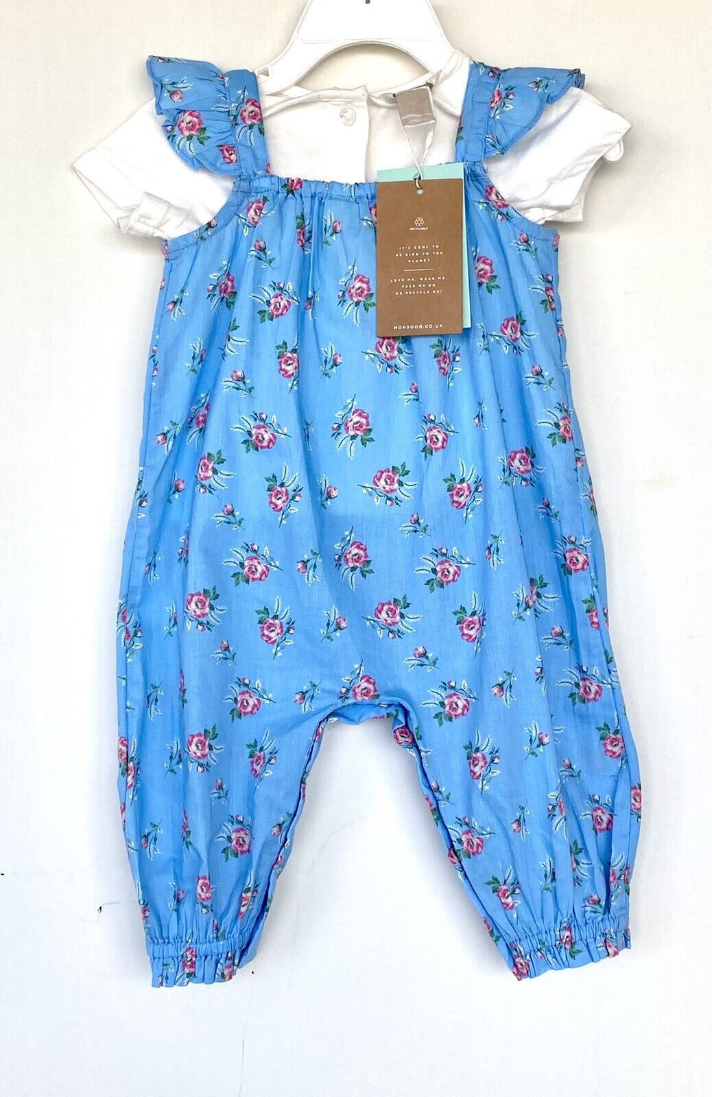 Monsoon London 2 Pc Blue Rose Print Romper & Tee 6-12 M Price $35 NWT Ric Rac