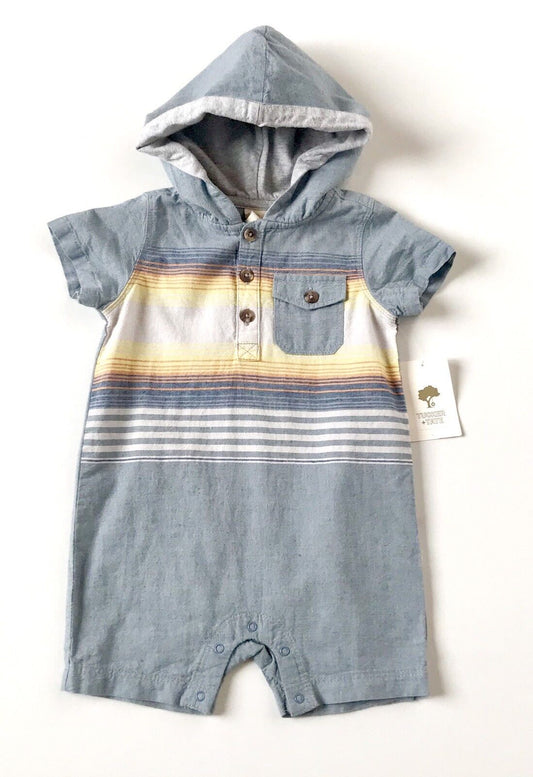 Tucker + Tate Linen Mix Chambray Hooded Romper.NWT Retails $39 Age 6 M