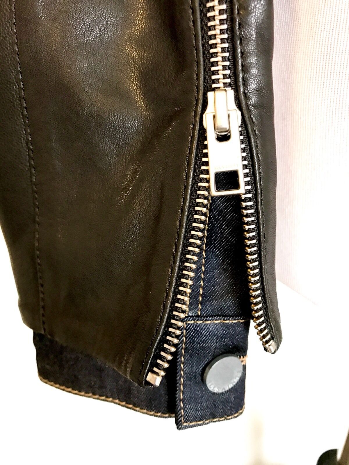 AllSaints Curtis Denim & Leather Biker Jacket NWT Retail $725 Price $395 Size 6