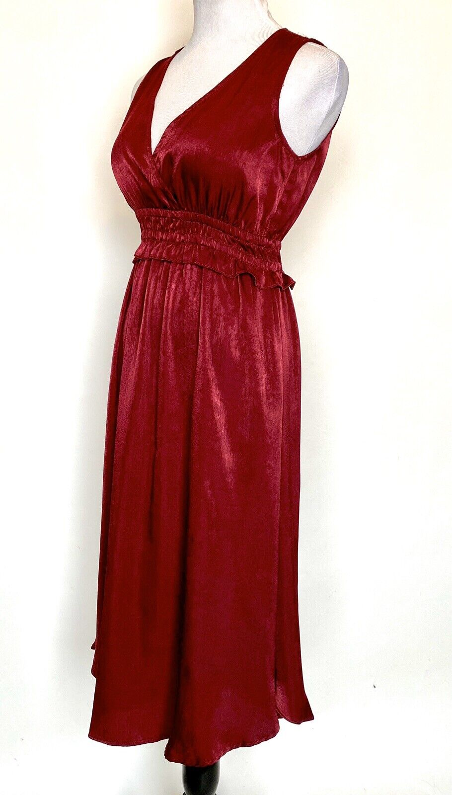 Re:named Dk Red Smocked Waist Surplice Dress Retail $78 Price $33 NWT Sz S