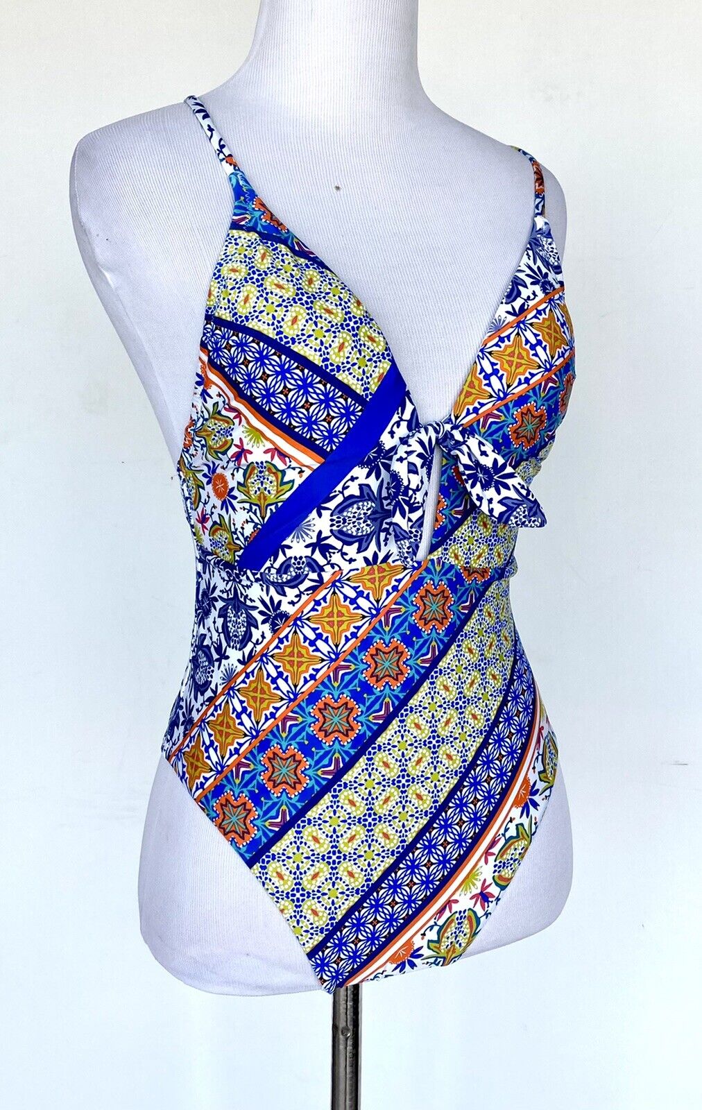 Nanette Lepore Patchwork Goddess Plunge Swimsuit NWT Sz 4 Retail $142 Price $49