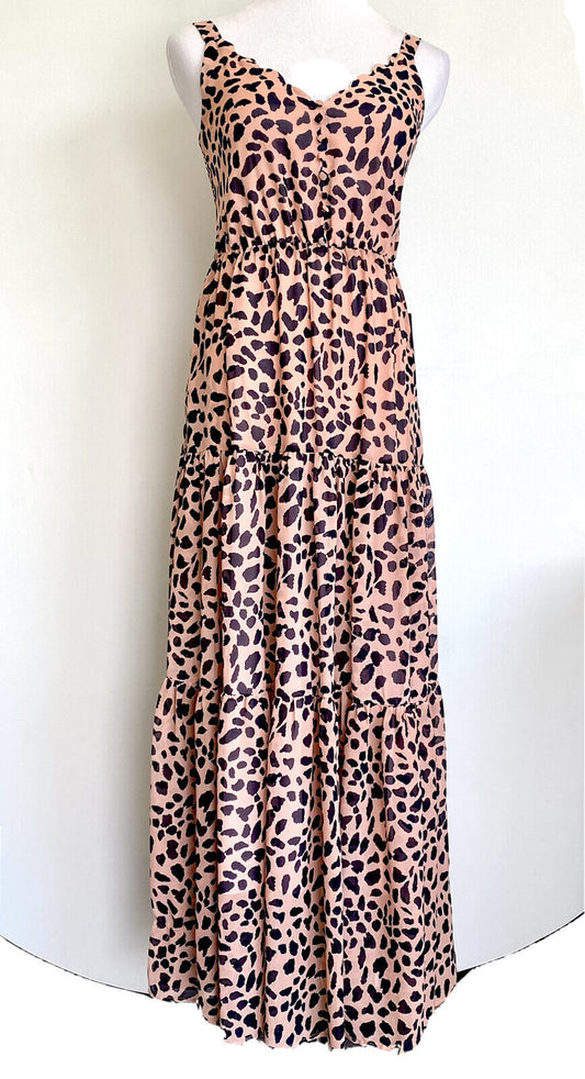 Melloday Salmon Pink & Black Tiered Smocked Back Maxi Dress XS Price $62 NWT