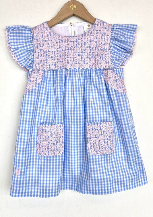 J Marie embroidered Clara Dress 3T Retail $92 Price $49 Gingham Blue And Pink