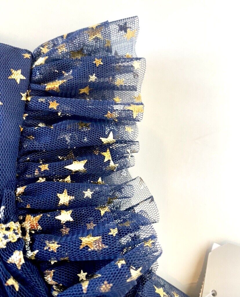 Pippa & Julie Blue & Gold Star Net Dress & Panties Retail $50 Price $39 18M NWT
