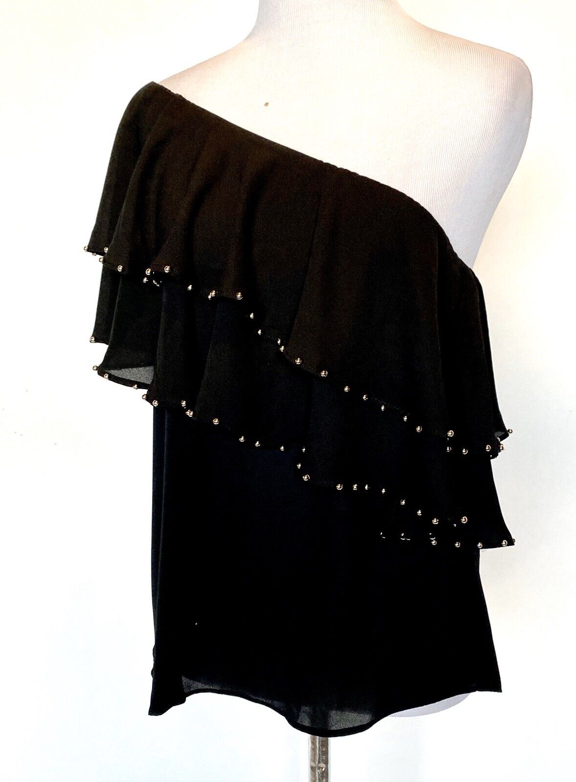Black One Shoulder Chiffon Type Top Bead Edge. XS Retail $68 Price $22