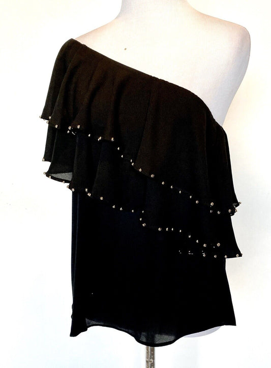 Black One Shoulder Chiffon Type Top Bead Edge. XS Retail $68 Price $22