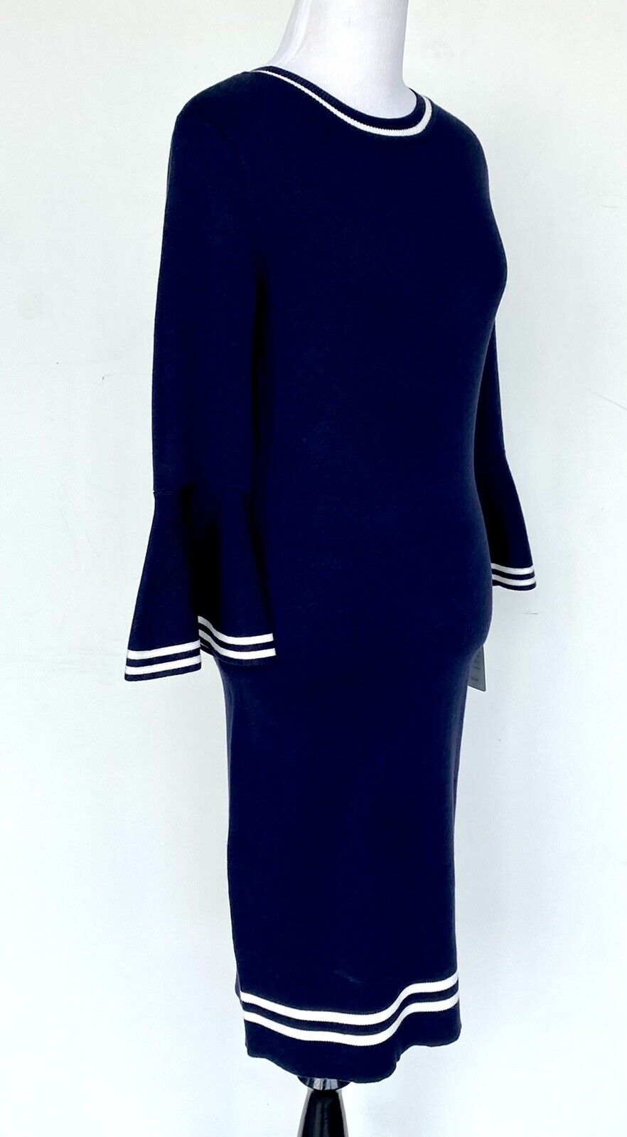 Eliza J Bell Sleeve Navy & White Knit Sheath Dress Retail $148 Price $74 XS NWT