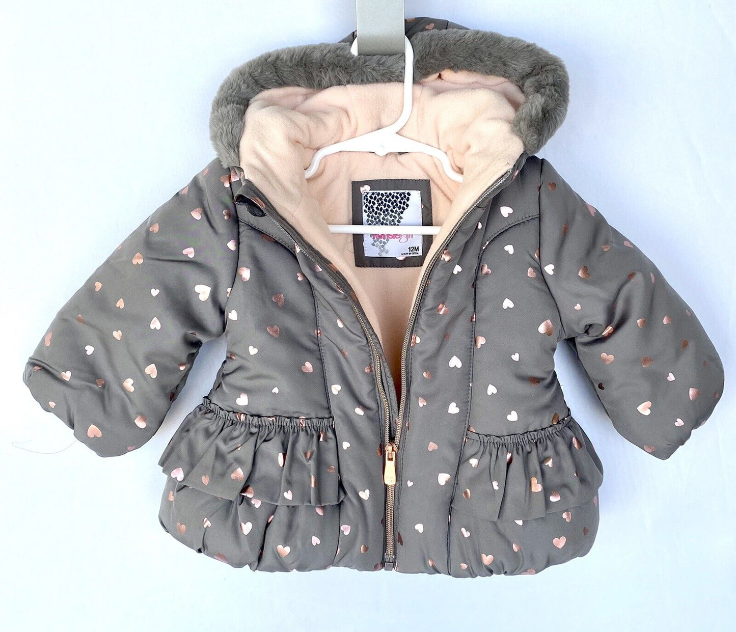 KENSIE Girl Ruffle Waist Grey Coat 12M RETAILS $65 Price $39 Pink Metallic Heart
