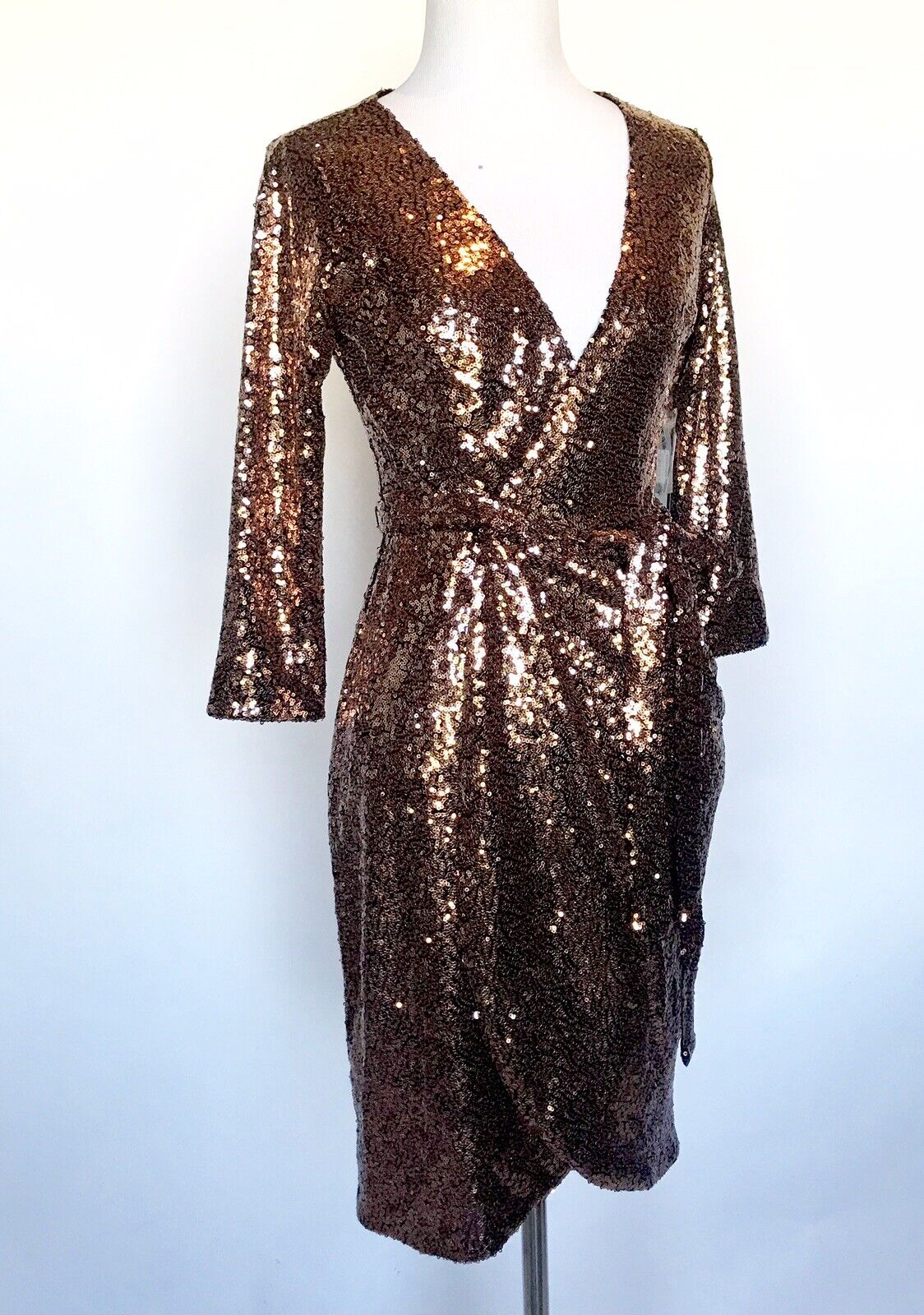 Aqua Bronze Sequined Party Cocktail Wrap Dress S Retails $148 Price $65