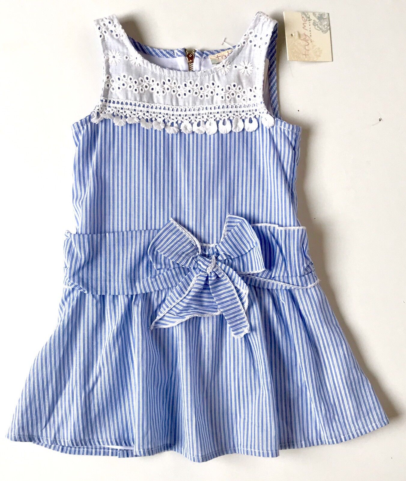 Truly Me Blue Stripe Dress  Eyelet Tassel Bodice. Retail $48 Price $22 Age 3 NWT