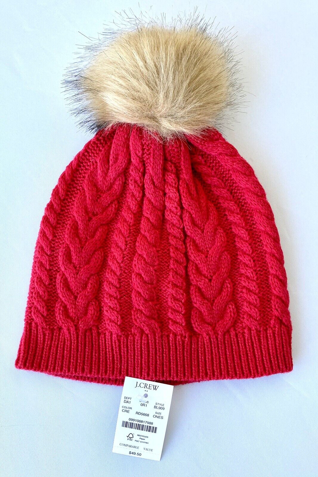 J Crew Black Red Knit Pom Pom Faux Fur Hat Retails $49.50 Price $28.50 NEW