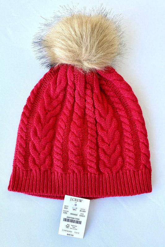 J Crew Black Red Knit Pom Pom Faux Fur Hat Retails $49.50 Price $28.50 NEW