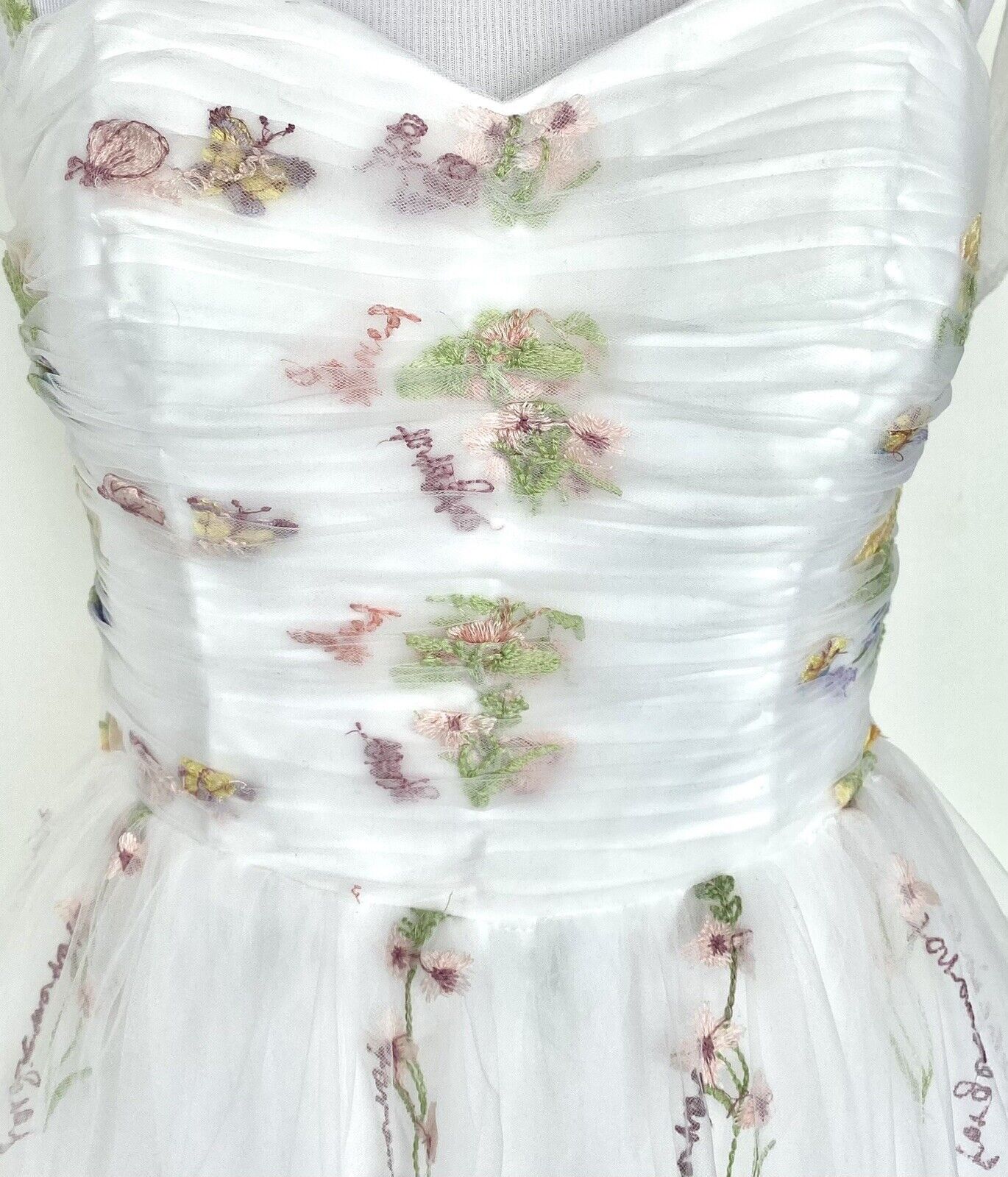 White Net embroidered Ruched Bodice With Lace Up Back size 4 price $130