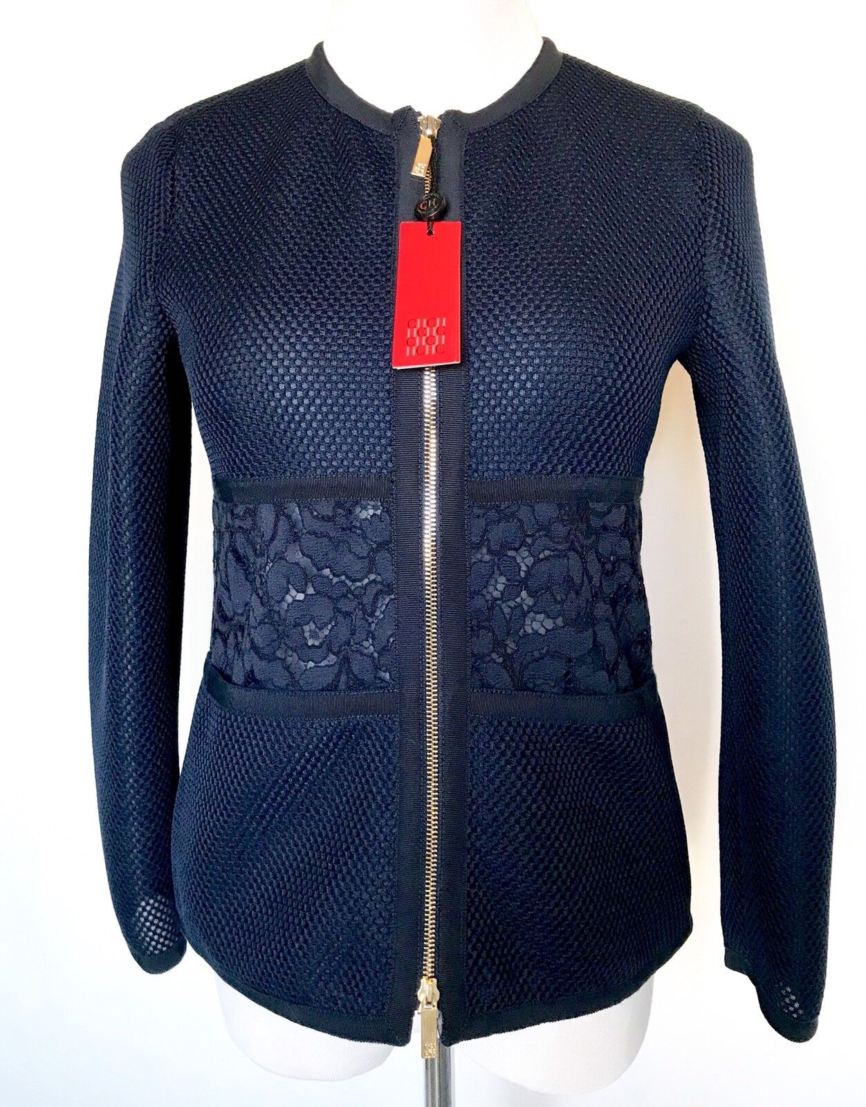 Carolina Herrera Navy Blue Lace Waist Jacket Retail $745 NWT Price $345 Size XS