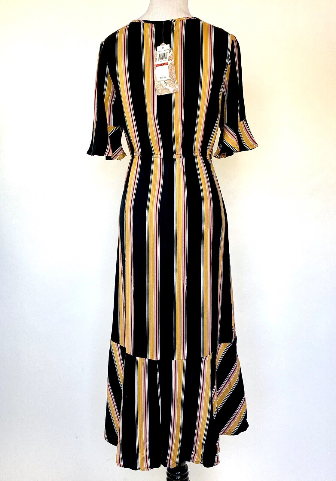 BAND OF GYPSIES Striped Ruffle Faux Wrap Dress NWT Retail $98 Price $39 XS