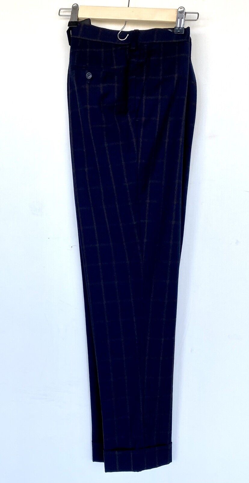 Tallia Mens Wool Pants Navy Brown 34X32 Cropped Windowpane Plaid Price $56