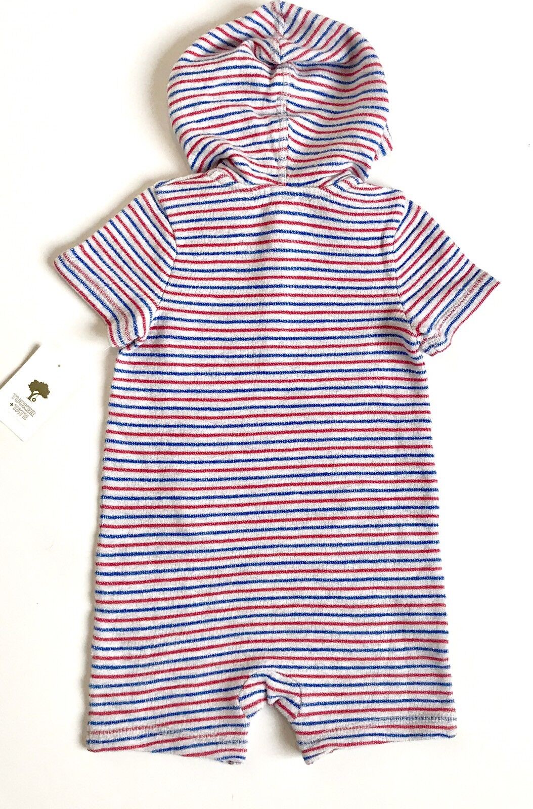 Tucker + Tate Grey Red Blue Stripe Hooded Romper.NWT Retails $35 Price $20.98 9M