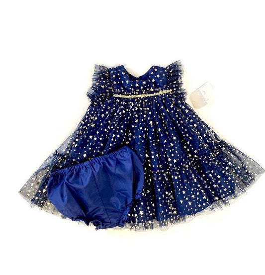 Pippa & Julie Blue & Gold Star Net Dress & Panties Retail $50 Price $39 18M NWT