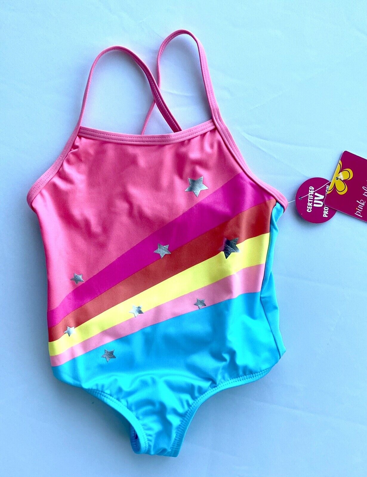 pink platinum girls rainbow foil silver star swimsuit Age 3 Retail $24 Price $19