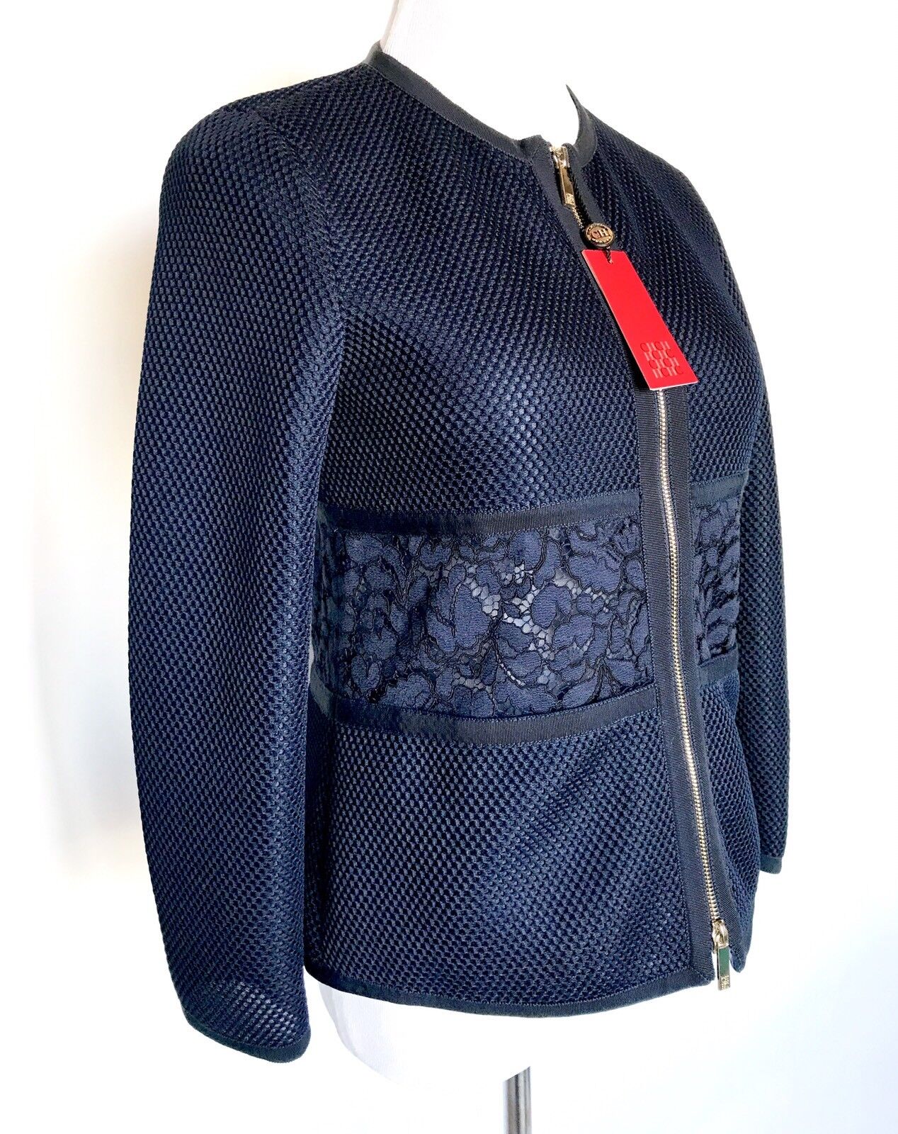 Carolina Herrera Navy Blue Lace Waist Jacket Retail $745 NWT Price $345 Size XS