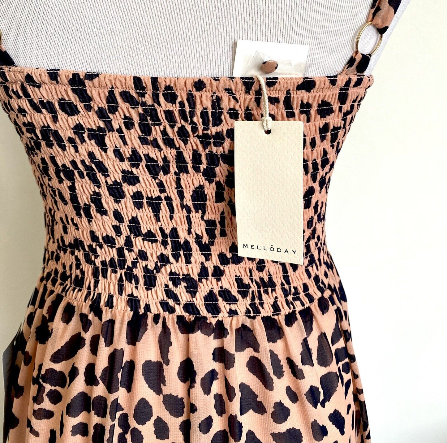 Melloday Salmon Pink & Black Tiered Smocked Back Maxi Dress XS Price $62 NWT