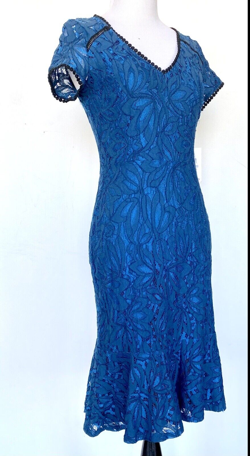 KENSIE Blue & Black Lace Dress Size 0 RETAILS $118 Price $65 Pom Pom Edge