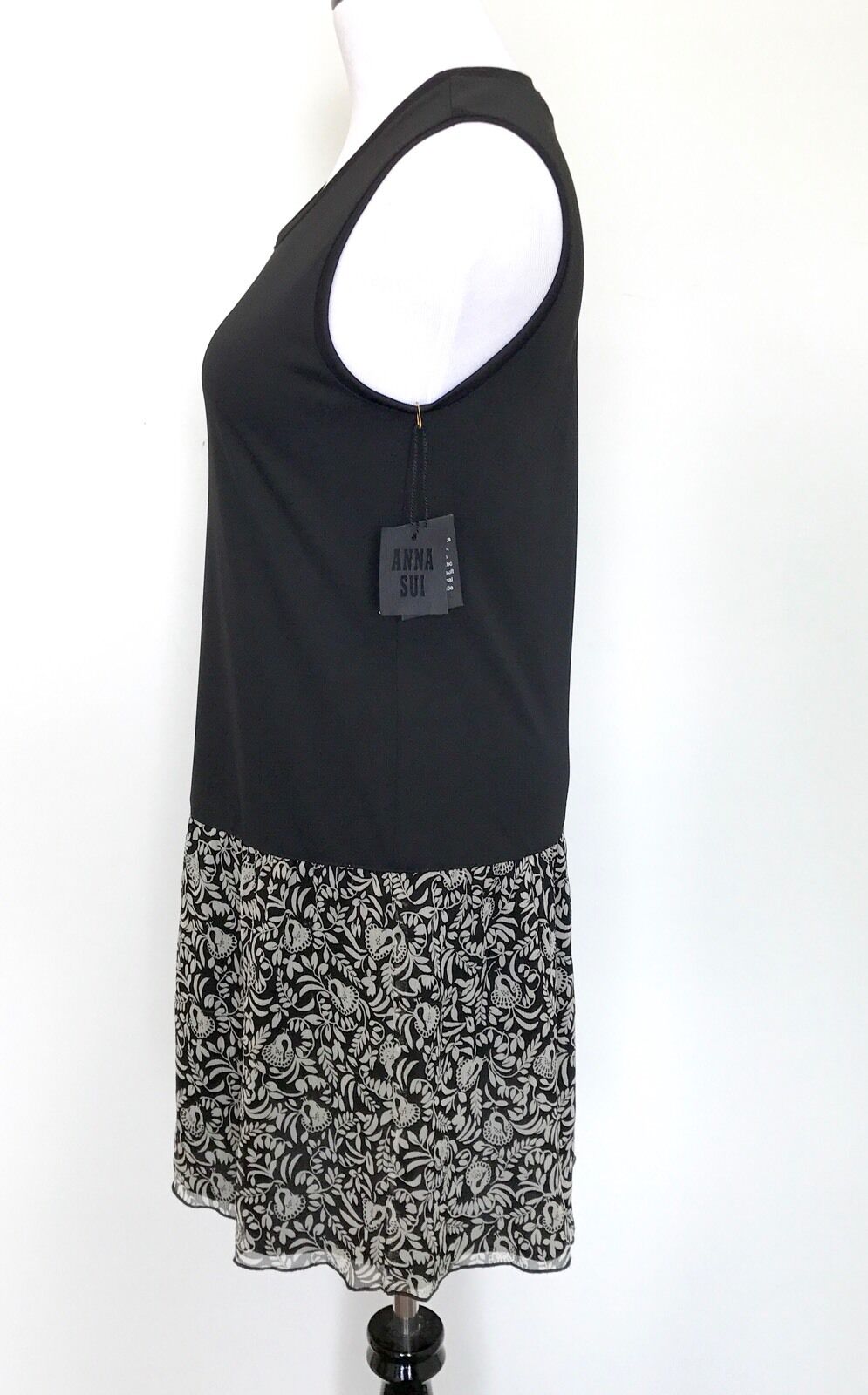 Anna Sui Black 100% Silk Frill Dress. NWT Price $69 Size M