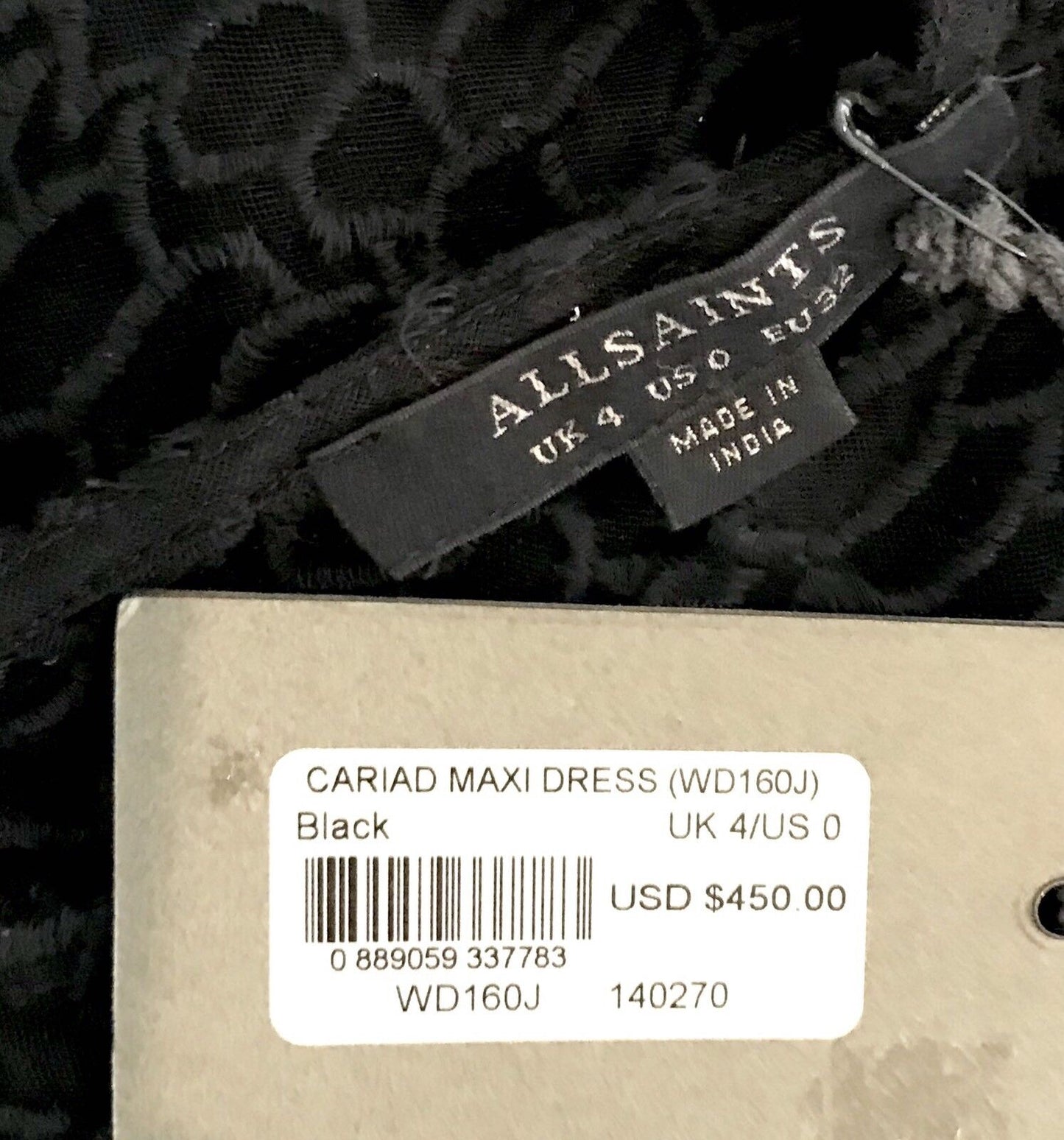 AllSaints Cariad Embroidered Black Maxi Dress Retail $450 Price $89 NWT Size 0