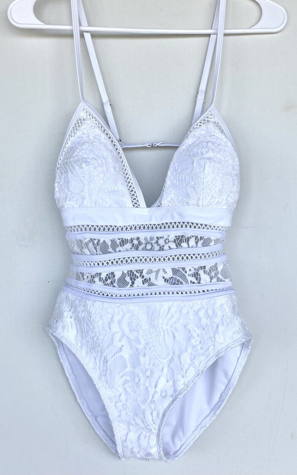 Luv Swim white lace crochet swimsuit Open Back Price $38 XS