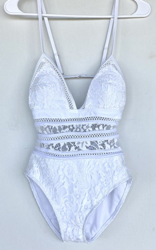 Luv Swim white lace crochet swimsuit Open Back Price $38 XS