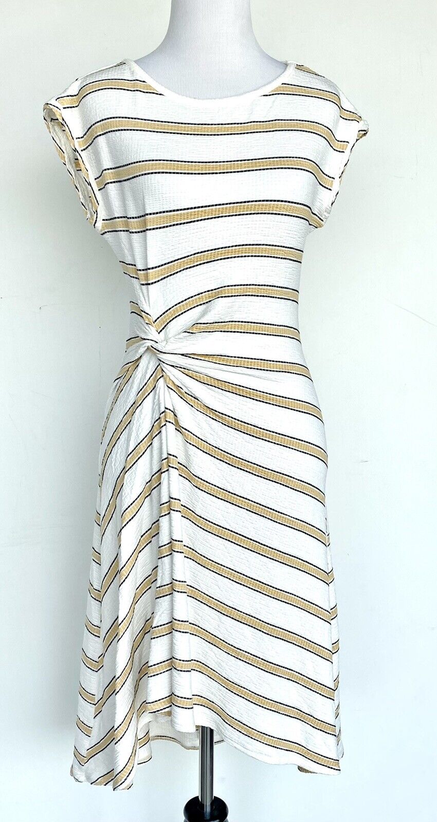Max Studio Ivory Stripe Cinch Twist Dress Size XS Retails $98 Price $48 NWT