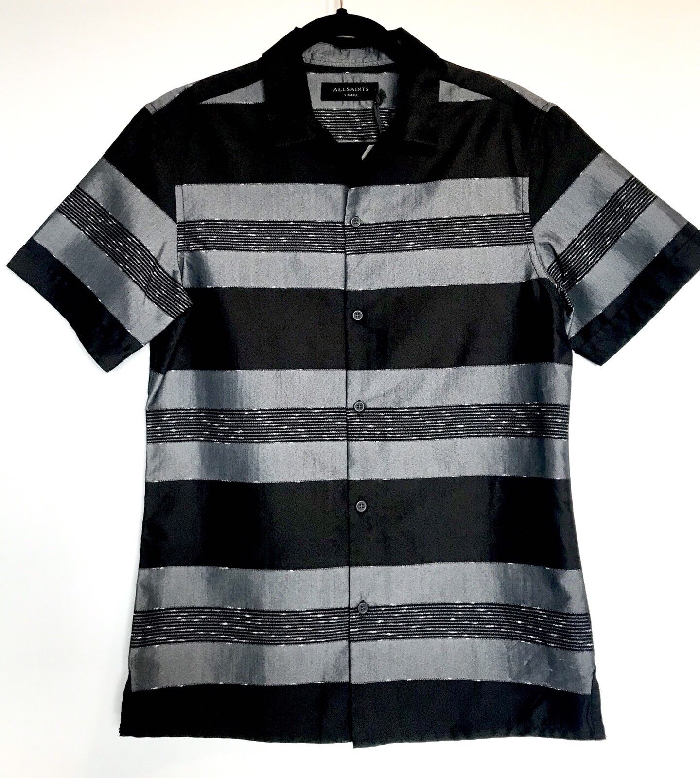 AllSaints Gabon Grey Black Stripe SS Shirt .Retail $155 NWT Price $85 Size XS