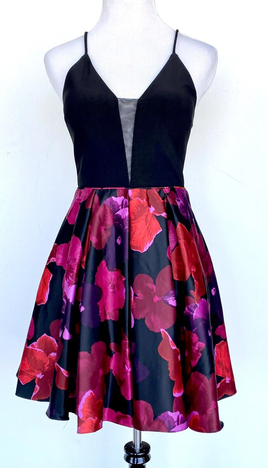 Betsy & Adam Floral Cocktail Dress Black Pink Red Sz 6 Retail $219 Price $92 NWT