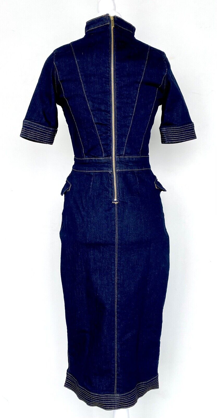 Karen Millen Gold Button Stretch Denim Pencil dress US 2 Retail $232 Price $169